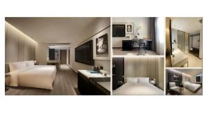 a collage of four pictures of a hotel room at Atour Hotel Foshan Zumiao Lingnan World in Foshan