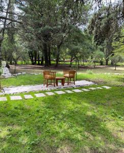 dos bancos y una mesa de picnic en un parque en La Casa De Los Pinos, en Casa Grande
