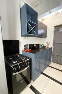 a kitchen with a stove and a blue cabinet at Woods Cottage Kilimani in Nairobi
