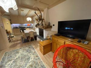 a living room with a flat screen tv and a kitchen at Love Mountain House in Campestrin