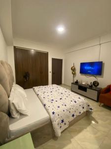 a bedroom with a bed and a flat screen tv at AJ's Exclusive Apartment in Abuja +2 photos