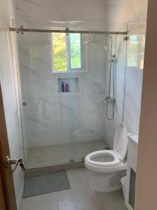 a bathroom with a shower and a toilet at Villa Muñoz in San Felipe de Puerto Plata