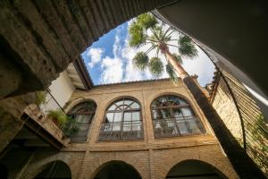 a palm tree in front of a building with windows at Hotel Boutique Patio del Posadero in Córdoba