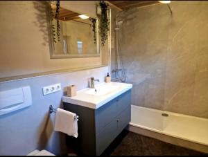 a bathroom with a sink and a mirror and a tub at Zum traumhaften Ausblick in Grainau +13 photos