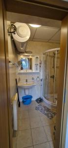 a bathroom with a shower and a toilet and a sink at Aspen golf studio B402 in Razlog