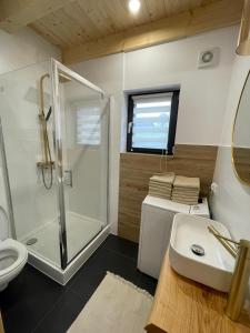 SidzinaにあるDomki Pod Halą Krupowa - Domek Zawojaのシャワー、トイレ、洗面台を備えたバスルーム +79枚の写真