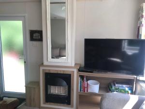 Televiisor ja/või meelelahutuskeskus majutusasutuses Badgers nestled in a cozy corner of the park