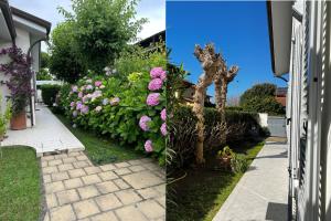 two pictures of a garden with flowers and a house at Villetta Lussuosa - Relax e Mare by RD Domus in Forte dei Marmi
