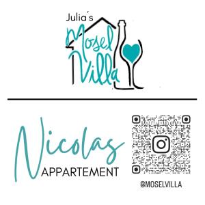 een logo voor een restaurant met een wijnglas bij Julia's Mosel Villa Appartement NICOLAS in Traben-Trarbach