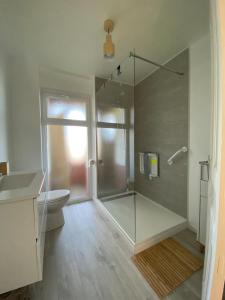 a bathroom with a glass shower and a toilet at Maison familiale 8 pers, Le Marais des Mielles in Bréhal +41 photos