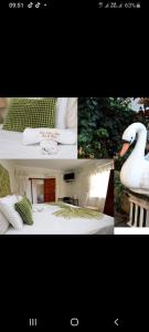 un collage de fotos de un cisne sentado en una cama en The Rest Place Bed & Breakfast, en East London