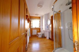 un bagno con doccia, WC e lavandino di Suilven Cottage a Tain
