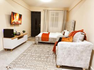 1 dormitorio con 2 camas, TV y silla en R&R NAI-POSHA Studios, en Naivasha