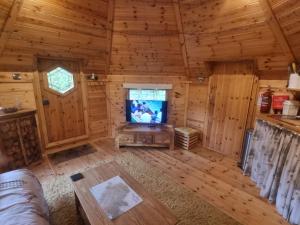a living room of a log cabin with a tv at The Cabin & hot tub at Ashleigh House in Holland Arms Station +27 photos