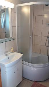 a bathroom with a shower and a sink and a tub at Cabana Bunicilor in Răchiţele