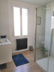 een badkamer met douche, wastafel en raam bij Maison proche centre ville et circuit avec jardin in Le Mans +20 foto's
