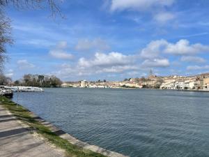 Blick auf einen Fluss mit Gebäuden im Hintergrund in der Unterkunft Studio design hypercentre Gare & espresso offert in Castelnaudary
