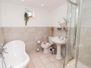 a bathroom with a toilet and a sink and a shower at Old Stable Cottage in Alnmouth +30 photos