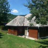 a house with a brown garage and a tree at Cabana Bunicilor in Răchiţele