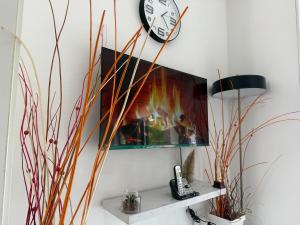a fireplace and a clock on a wall with plants at Dainfern Cozy Condo in Midrand +21 photos