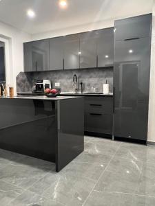 a kitchen with black cabinets and a counter top at Skyline View Apartment in Ulcinj +10 photos