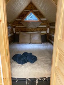 Una cama en una habitación pequeña con ventana. en Le Féérik, en Foncine-le-Haut