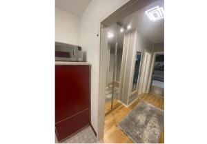 a room with a mirror and a door to a room at zentrale Design-Ferienwohnung mit Balkon und Stellplatz in Karlsruhe - APOLONIAliving in Karlsruhe
