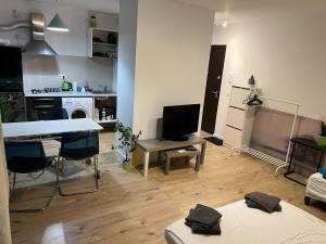 a living room with a table and a television in it at Green apartments 109-5 with roof top view in Bucharest