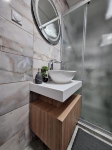 a bathroom with a sink and a shower at Premium Central Skopje Apartments & Free Private Parking in Skopje