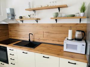 a kitchen with a counter with a sink and a microwave at D&B Apartment in Brčko