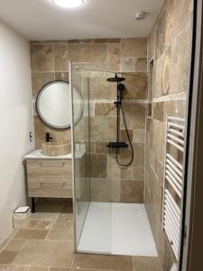 a bathroom with a shower with a sink and a mirror at La Maison de Cristina Michael in Blois +17 photos