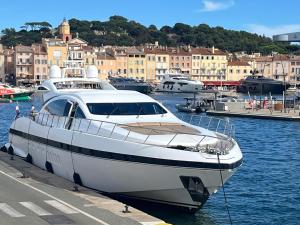een grote witte boot is aangemeerd in een jachthaven bij Bateau Mangusta 92 in Cannes