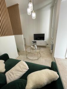 a living room with a green couch and a tv at Auma Home in Bordeaux