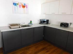 a kitchen with gray cabinets and a sink at No 5 - Modern 2 bedroom Apartment in Lanark Town Centre in Lanark +13 photos