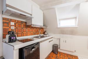 Una pequeña cocina con fregadero y estufa. en Le Cosy Stras - Studio hyper centre, en Estrasburgo