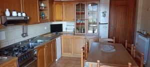 a kitchen with wooden cabinets and a sink and a stove at Casa IL GLICINE in Camporosso