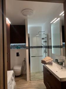 グダニスクにあるAmber Island - Second Home, Gdańsk Wyspa Sobieszewskaのシャワー、洗面台、トイレ付きのバスルーム
