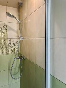 a shower with a shower head in a bathroom at EZERI - weekend home with sauna and tub in Augšlīgatne