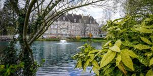 a pond in front of a large building at Appartement centre ville in Lure