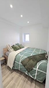 オルレアンにあるAppartement Van Goghのベッドルーム1室(緑と白のシーツが備わるベッド1台付)