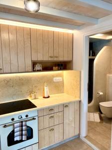 a kitchen with a stove and a sink at Molos Tinos Cycladic house in Panormos +32 photos