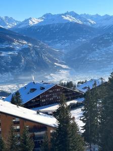安塞热Studio chaleureux, confortable, avec vue sur les Alpes 2- 3 pers的一座屋顶上白雪覆盖的山地建筑 更多6张照片