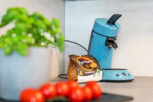 a counter top with a blender and some tomatoes at Stilvolles Apartment Bodensee A2 in Ravensburg