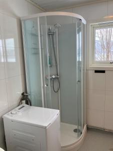 a white bathroom with a shower and a toilet at Røssøyhytta in Steigen