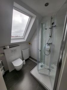 a bathroom with a glass shower and a toilet at Ferienwohnung Stiena EG in Greetsiel +38 photos
