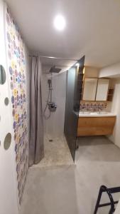 a kitchen with a door in the middle of a room at T2 de 70m2 avec terrasse en rez de jardin in La Possession