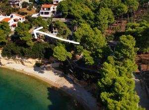 an overhead view of a beach with trees and houses at VILLA DOLPHIN VOTSI in Votsi