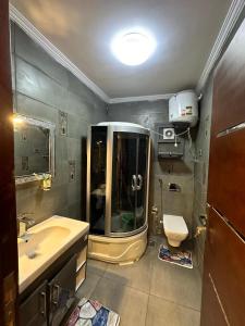 a bathroom with a shower and a sink and a toilet at Elegant SeaView Apartment in Alexandria