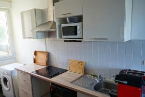 kuchnia ze zlewem i mikrofalówką w obiekcie Appartement bord de vilaine, proche centre et gare w mieście Redon