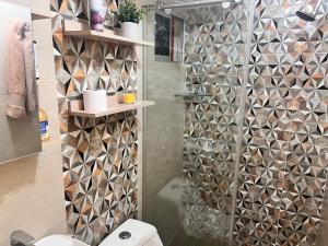a bathroom with a shower with a toilet and a tile wall at Max House 503 in Soledad
